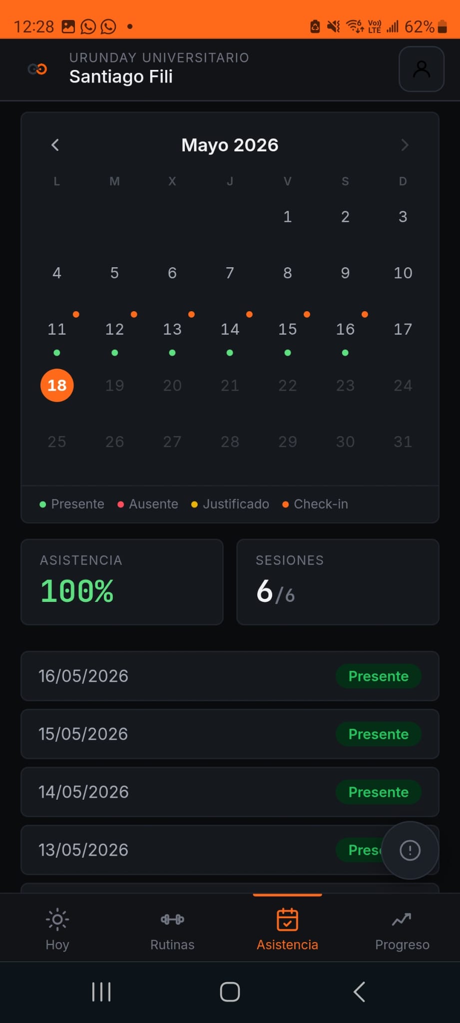 Vista mobile de asistencia