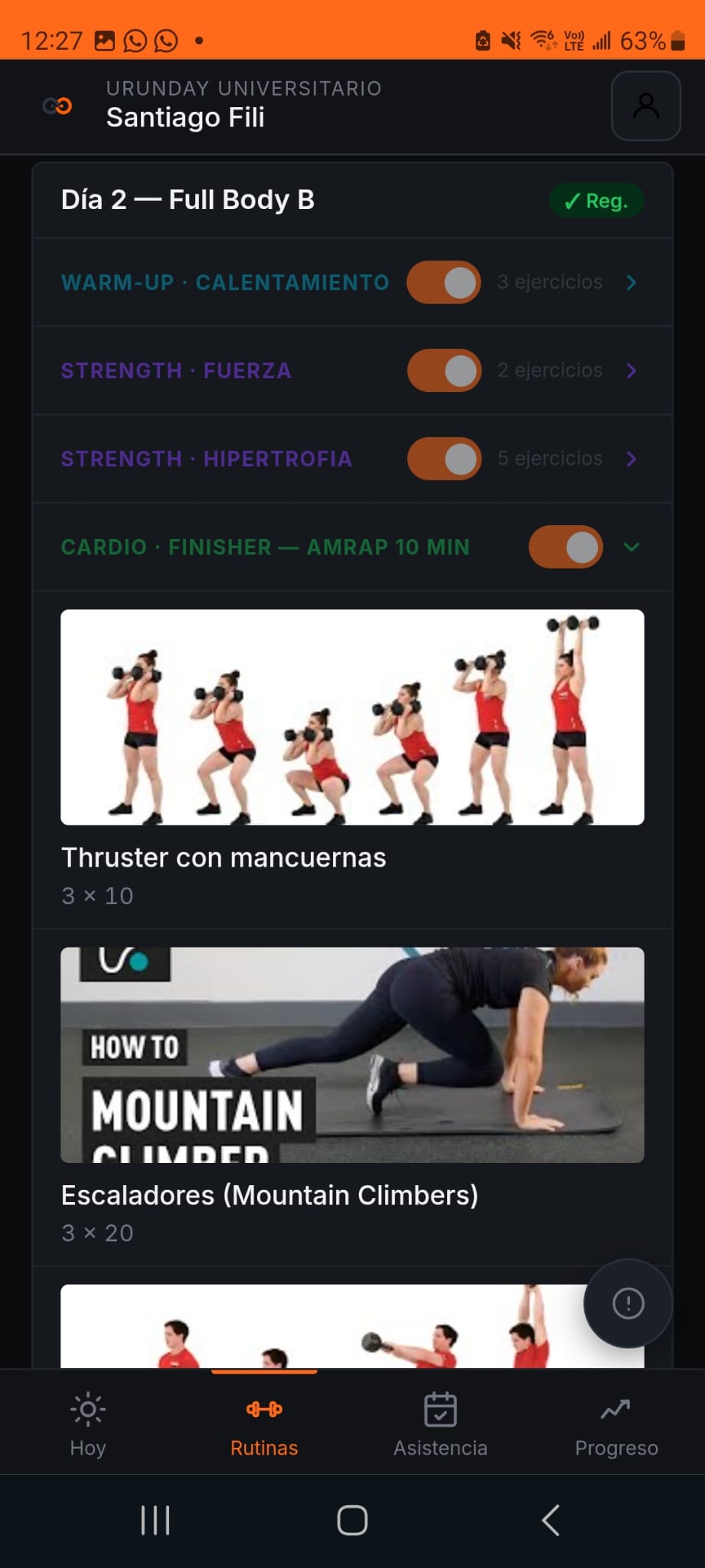 Vista mobile de rutinas
